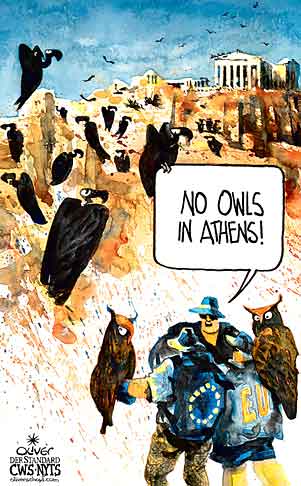 Oliver Schopf, editorial cartoons from Austria, cartoonist from Austria, Austrian illustrations, illustrator from Austria, editorial cartoon politics politician Europe 2011 eu greece athens acropolis owl vulture sight seeing

