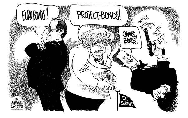 Oliver Schopf, editorial cartoons from Austria, cartoonist from Austria, Austrian illustrations, illustrator from Austria, editorial cartoon politics politician Europe 2012 
MERKEL HOLLANDE CAMERON EU SUMMIT BRUSSELS EURO BONDS EURO CRISIS JAMES BOND



