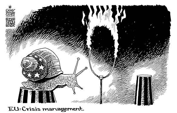 Oliver Schopf, editorial cartoons from Austria, cartoonist from Austria, Austrian illustrations, illustrator from Austria, editorial cartoon politics politician Europe, Cartoon Arts International, New York Times Syndicate, Cagle cartoon 2013: EU CRISIS EURO CIRCUS SNAIL FIRE RING JUMP   
