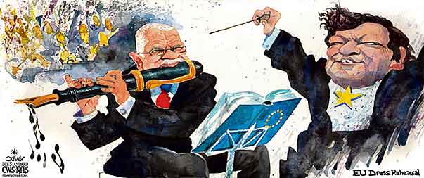 Oliver Schopf, editorial cartoons from Austria, cartoonist from Austria, Austrian illustrations, illustrator from Austria, editorial cartoon politics politician Europe 2009: eu, barroso, vaclav klaus, dress rehearsal, orchestra, music, conducting, pen
