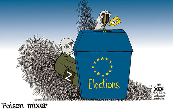 Oliver Schopf, editorial cartoons from Austria, cartoonist from Austria, Austrian illustrations, illustrator from Austria, editorial cartoon politics politician Europe, Cartoon Movement, CartoonArts International 2024:
EU EUROPEAN UNION ELECTIONS PUTIN INFLUENCE INFLUENCER INTERACTION MANIPULATION POISON MIXER TRICKLE DROP BALLOT BOX




























