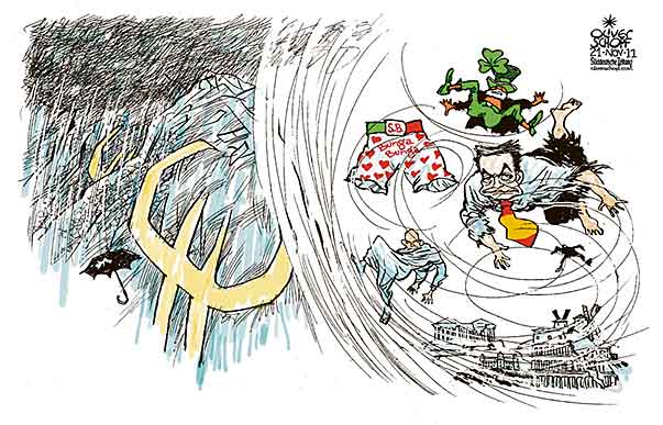 Oliver Schopf, editorial cartoons from Austria, cartoonist from Austria, Austrian illustrations, illustrator from Austria, editorial cartoon politics politician Europe 2011 
EURO CRISIS DEBT ZAPATERO BERLUSCONI DOWNSLOPE WIND 
