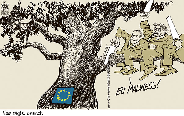 Oliver Schopf, editorial cartoons from Austria, cartoonist from Austria, Austrian illustrations, illustrator from Austria, editorial cartoon politics politician Europe, Cartoon Movement, CartoonArts International 2024:  
EU ELECTIONS TREE BRANCH LIMB SAW FAR RIGHT PARTIES VILIMSKY EU-MADNESS ORBÁN AFD





































