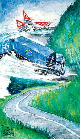 Oliver Schopf, editorial cartoons from Austria, cartoonist from Austria, Austrian illustrations, illustrator from Austria, editorial cartoon politics politician Europe 2011 eu Greece rescue debt truck road bend standard & poor's moody's fitch hit the road Jack from ray charles 

