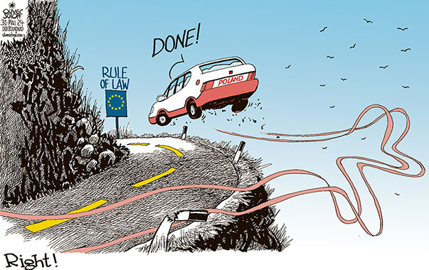 Oliver Schopf, editorial cartoons from Austria, cartoonist from Austria, Austrian illustrations, illustrator from Austria, editorial cartoon politics politician Europe, Cartoon Movement, CartoonArts International 2024:
EU POLAND RULE OF LAW BASIC VALUE PROCEDURE CAR BEND SIDESLIP FLIT EDGE 



































