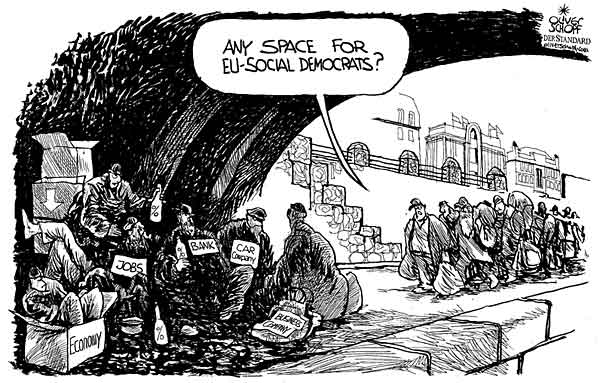 Oliver Schopf, editorial cartoons from Austria, cartoonist from Austria, Austrian illustrations, illustrator from Austria, editorial cartoon 
Europe 2009: european union eu beggar social democrats leftwinged parties elections under the bridge on the brick of debacle disaster 
