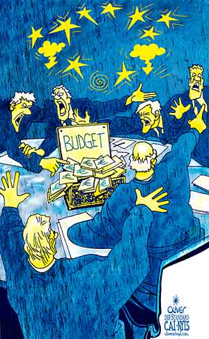 Oliver Schopf, editorial cartoons from Austria, cartoonist from Austria, Austrian illustrations, illustrator from Austria, editorial cartoon politics politician Europe, Cartoon Arts International, New York Times Syndicate, Cagle cartoon 2012 EU EUROPEAN UNION SUMMIT BUDGET EURO CRISIS CONFLICT FLAG STARS 





