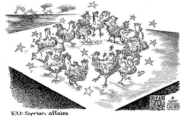 Oliver Schopf, editorial cartoons from Austria, cartoonist from Austria, Austrian illustrations, illustrator from Austria, editorial cartoon politics politician Europe, Cartoon Arts International, New York Times Syndicate, Cagle cartoon 2013 EUROPEAN UNION SYRIA CONFLICT WAR WEAPONS CHICKEN STARS FLAG CACKLE 
