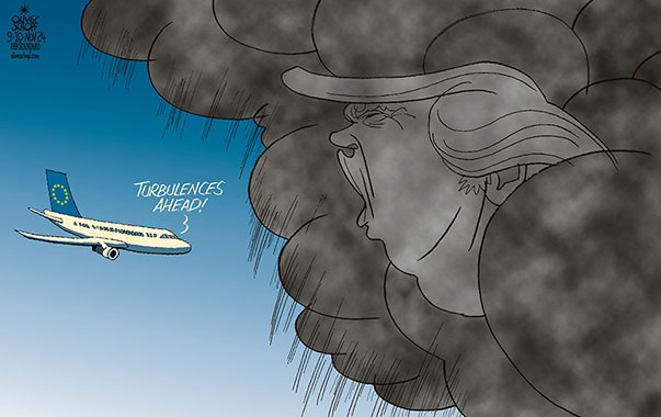 Oliver Schopf, editorial cartoons from Austria, cartoonist from Austria, Austrian illustrations, illustrator from Austria, editorial cartoon politics politician Europe, Cartoon Movement, CartoonArts International 2024: EU EUROPEAN UNION USA DONALD TRUMP REELECTED STORM THUNDERSTORM HURRICANE TURBULENCES PLANE FLIGHT












