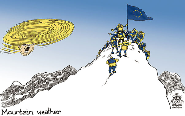 Oliver Schopf, editorial cartoons from Austria, cartoonist from Austria, Austrian illustrations, illustrator from Austria, editorial cartoon politics politician Europe, Cartoon Movement, 2024: EU EUROPEAN UNION SUMMIT MOUNTAINS TRUMP WEATHER FORECAST HURRICAINE 












