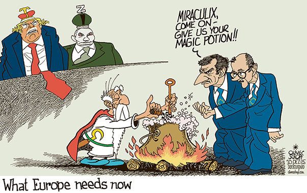 Oliver Schopf editorial cartoon: Europe is going to be left alone by the Trump administration. Any idea how Europe can become powerful again? - Sure! France has the answer: Miraculix’ magic potion.
Oliver Schopf, editorial cartoons from Austria, cartoonist from Austria, Austrian illustrations, illustrator from Austria, editorial cartoon politics politician Europe, Cartoon Movement, @oliverschopf.bsky.social 2025: EU EUROPEAN UNION EUROPE USA RUSSIA NATIONAL SECURITY STRATEGY TRUMP PUTIN MACRON MERZ ASTERIX MIRACULIX MAGIC POTION STRONG POWERFUL COMIC