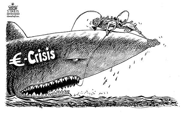 Oliver Schopf, editorial cartoons from Austria, cartoonist from Austria, Austrian illustrations, illustrator from Austria, editorial cartoon politics politician Europe 2011 
EURO CRISIS DEBT SHARK FISHING NET 
