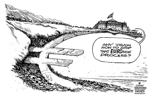 Oliver Schopf, editorial cartoons from Austria, cartoonist from Austria, Austrian illustrations, illustrator from Austria, editorial cartoon politics politician Europe 2011: euro currency e.u. erosion shore coast sea real estate

