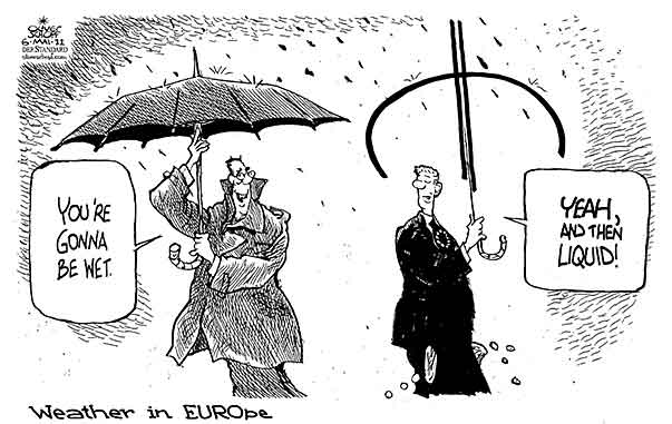 Oliver Schopf, editorial cartoons from Austria, cartoonist from Austria, Austrian illustrations, illustrator from Austria, editorial cartoon politics politician Europe 2011: euro rescue weather umbrella rain wet liquid

