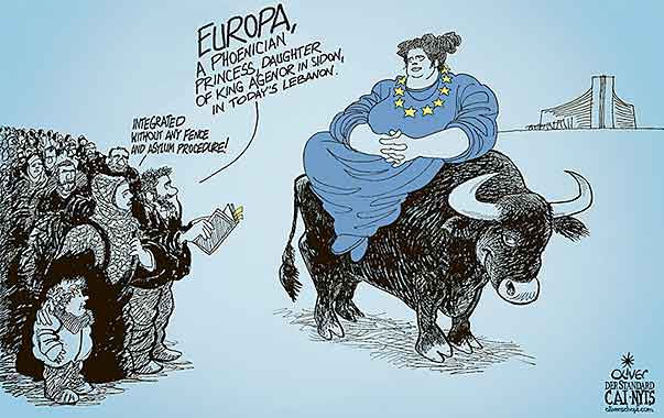  
Oliver Schopf, editorial cartoons from Austria, cartoonist from Austria, Austrian illustrations, illustrator from Austria, editorial cartoon
Europe 2015 EUROPA BULL ZEUS PHOENICIA AGENOR SIDON LEBANON IMMIGRATION INTEGRATION REFUGEE ASYLUM EU COMMISSION 




