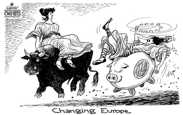 Oliver Schopf, editorial cartoons from Austria, cartoonist from Austria, Austrian illustrations, illustrator from Austria, editorial cartoon politics politician Europe 2010: europa bull eu budget austerity saving piggy bank

