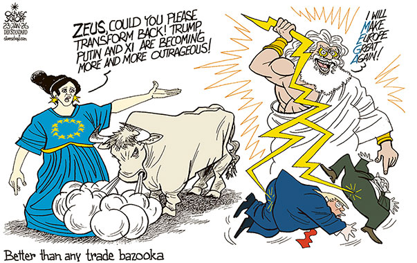 Oliver Schopf, editorial cartoons from Austria, cartoonist from Austria, Austrian illustrations, illustrator from Austria, editorial cartoon politics politician Europe, Cartoon Movement, @oliverschopf.bsky.social 2026: EU EUROPEAN UNION EUROPE BULL ZEUS TRUMP PUTIN XI TRADE BAZOOKA ANTI-COERCION INTRUMENT ACI LIGHTNINGS TRANSFORM SHAPESHIFTER   























