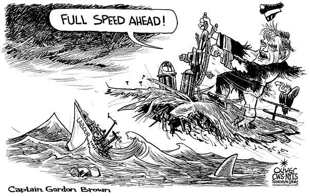 Oliver Schopf, editorial cartoons from Austria, cartoonist from Austria, Austrian illustrations, illustrator from Austria, editorial cartoon 
Europe 2009: great britain england gordon brown sailor full speed ahead on the brick of  disaster titanic labour party sinking sharks waiting
