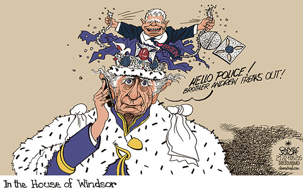 Oliver Schopf, editorial cartoons from Austria, cartoonist from Austria, Austrian illustrations, illustrator from Austria, editorial cartoon politics politician Europe, Cartoon Movement, @oliverschopf.bsky.social 2026: GREAT BRITAIN MONARCHY KING CHARLES III ANDREW MOUNTBATTEN EPSTEIN FILES POLICE SCOTLAND YARD INVESTIGATION ARREST CROWN HOUSE WINDSOR REPUTATION DAMAGE























