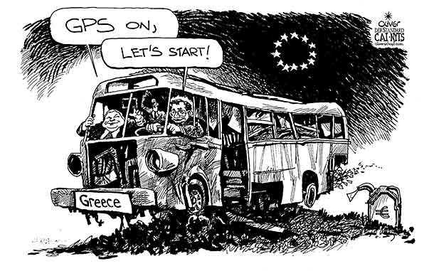 Oliver Schopf, editorial cartoons from Austria, cartoonist from Austria, Austrian illustrations, illustrator from Austria, editorial cartoon politics politician Europe, Cartoon Arts International, New York Times Syndicate, Cagle cartoon 2012: GREECE GOVERNMENT SAMARAS ANTONIS VENIZELOS EVANGELOS EU EURO CRISIS BUS WRECK GPS 


