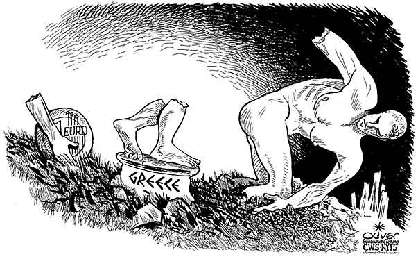 Oliver Schopf, editorial cartoons from Austria, cartoonist from Austria, Austrian illustrations, illustrator from Austria, editorial cartoon politics politician Europe 2010: greece bankrupcy discus discus-thrower euro break pieces
