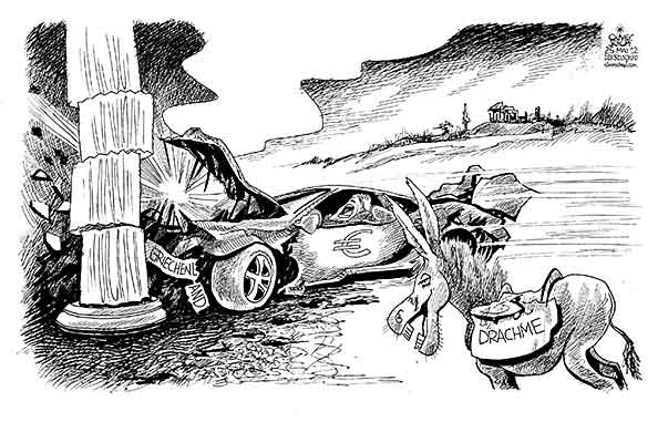 Oliver Schopf, editorial cartoons from Austria, cartoonist from Austria, Austrian illustrations, illustrator from Austria, editorial cartoon politics politician Europe 2012 
GREECE EURO KRISE DRACHMA CAR CRASH DONKEY JACKASS



