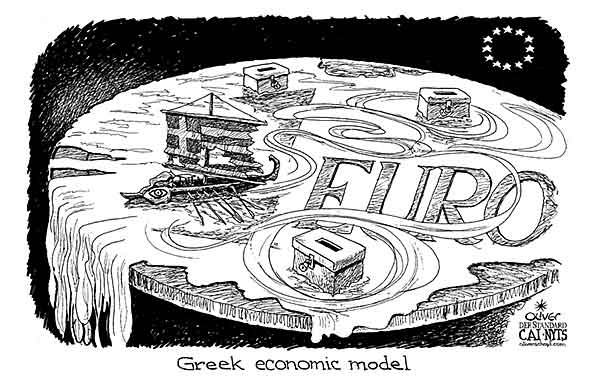 Oliver Schopf, editorial cartoons from Austria, cartoonist from Austria, Austrian illustrations, illustrator from Austria, editorial cartoon politics politician Europe 2012 
GREECE EURO CRISIS DEBT AUSTERITY DISC ODYSSEY ELECTION SHIP ABYSS



