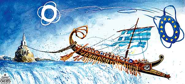 Oliver Schopf, editorial cartoons from Austria, cartoonist from Austria, Austrian illustrations, illustrator from Austria, editorial cartoon politics politician Europe 2010: greece galley eu imf water falls edge rescue
