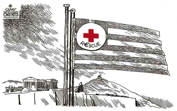 Oliver Schopf, editorial cartoons from Austria, cartoonist from Austria, Austrian illustrations, illustrator from Austria, editorial cartoon politics politician Europe 2010: greece acropolis flag red cross rescue euro
