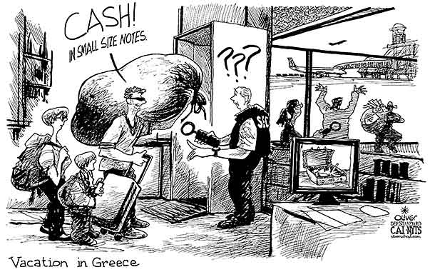 Oliver Schopf, editorial cartoons from Austria, cartoonist from Austria, Austrian illustrations, illustrator from Austria, editorial cartoon politics politician Europe, Cartoon Arts International, New York Times Syndicate, Cagle cartoon 2015 EU GREECE VACATION HOLIDAYS AIRPORT DEPARTURE CONTROL SECURITY CASH BAG NOTES TERMINAL 





