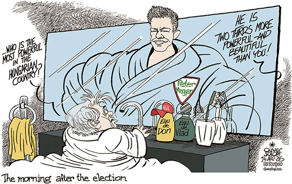 Oliver Schopf, editorial cartoons from Austria, cartoonist from Austria, Austrian illustrations, illustrator from Austria, editorial cartoon politics politician Europe, Cartoon Movement, @oliverschopf.bsky.social 2026: HUNGARY ELECTION ORBÁN PETER MAGYAR WINNER TWO THIRDS MAJORITY BATHROOM MIRROR MIRROR ON THE WALL WHO IS THE FAIREST ONE OF ALL  























