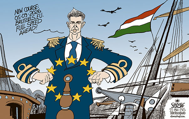 Oliver Schopf, editorial cartoons from Austria, cartoonist from Austria, Austrian illustrations, illustrator from Austria, editorial cartoon politics politician Europe, Cartoon Movement, @oliverschopf.bsky.social 2026: HUNGARY PETER MAGYAR PRIME MINISTER HELMSMAN CAPTAIN SHIP VESSEL HELM EUROPEAN UNION STARS FLAG  






















