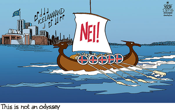 Oliver Schopf, editorial cartoons from Austria, cartoonist from Austria, Austrian illustrations, illustrator from Austria, editorial cartoon politics politician Europe, Cartoon Movement, @oliverschopf.bsky.social 2026: ICELAND EU REFERENDUM NEGOTIATIONS ACCESS MEMBERSHIP NO NEI VIKINGS VESSEL SHIP BRUSSELS COMMISSION BUILDINGS SIRENS ODYSSEY  
























