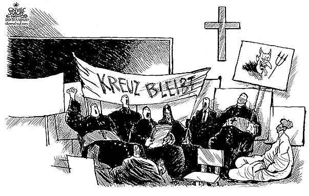 Oliver Schopf, editorial cartoons from Austria, cartoonist from Austria, Austrian illustrations, illustrator from Austria, editorial cartoon politics politician Europe 2009: crucifix, classroom, protest, bishop
