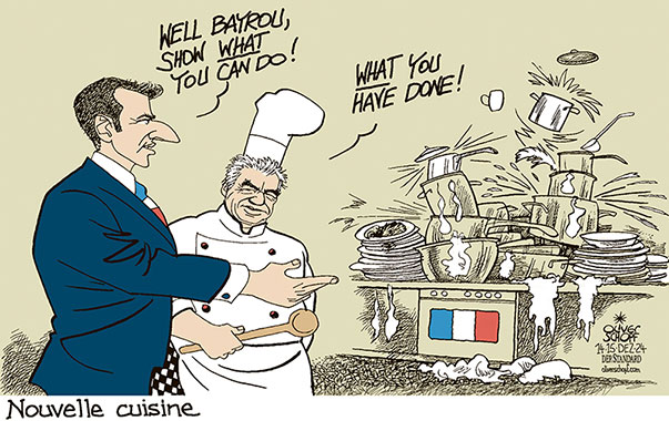 Oliver Schopf, editorial cartoons from Austria, cartoonist from Austria, Austrian illustrations, illustrator from Austria, editorial cartoon politics politician Europe, Cartoon Movement, 2024: FRANCE NEW PRIME MINISTER FRANÇOIS BAYROU MACRON KITCHEN COOK COOKING CHEF CHAOS DISASTER DIRTY 












