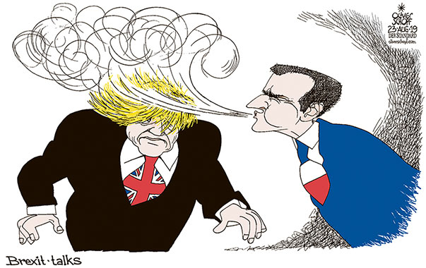  
Oliver Schopf, editorial cartoons from Austria, cartoonist from Austria, Austrian illustrations, illustrator from Austria, editorial cartoon
Cartoon Arts International, New York Times Syndicate, Cagle cartoon Europe Great Britain Brexit 2019 BREXIT BORIS JOHNSON MACRON TALKS NEGOTIATIONS HAIR STYLING WIND BLOW

