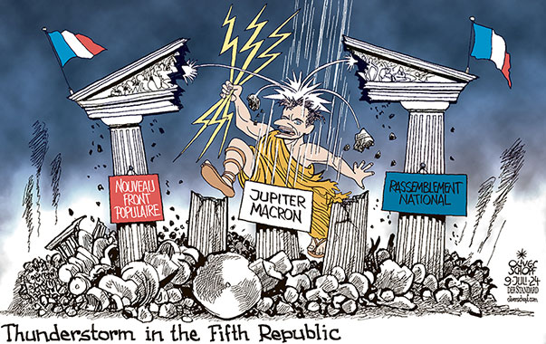 Oliver Schopf, editorial cartoons from Austria, cartoonist from Austria, Austrian illustrations, illustrator from Austria, editorial cartoon politics politician Europe, Cartoon Movement, CartoonArts International 2024:   
FRANCE ELECTIONS EMMANUEL MACRON JUPITER NOUVEAU FRONT POPULAIRE RASSEMBLEMENT NATIONAL FIFTH REPUBLIC THUNDERSTORM BLOW UP LIGHTNING COLUMNS LEFT FAR RIGHT TEMPLE RUINS 















































