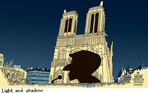 Oliver Schopf, editorial cartoons from Austria, cartoonist from Austria, Austrian illustrations, illustrator from Austria, editorial cartoon politics politician Europe, Cartoon Movement, 2024: FRANCE NÔTRE DAME CATHEDRAL RE-OPENING FIRE MACRON SHADOW LIGHT GOVERNMENT PRIME MINISTER BARNIER OVERTHROW












