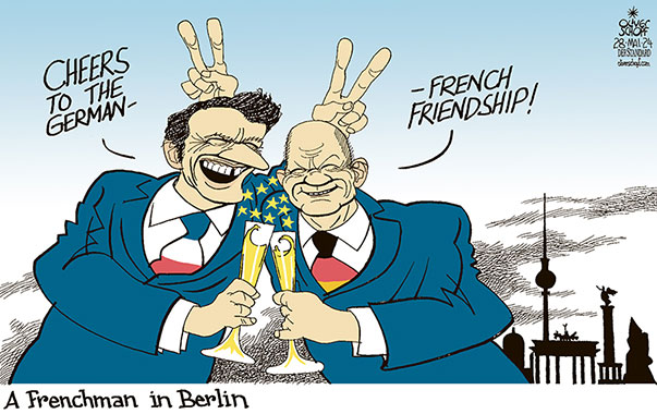 Oliver Schopf, editorial cartoons from Austria, cartoonist from Austria, Austrian illustrations, illustrator from Austria, editorial cartoon politics politician Europe, Cartoon Movement, CartoonArts International 2024:   
FRANCE GERMANY MACRON SCHOLZ VISIT GERMAN-FRENCH FRIENDSHIP CELEBRATION CELEBRATE SPARKLING WINE BERLIN EUROPEAN UNION

































