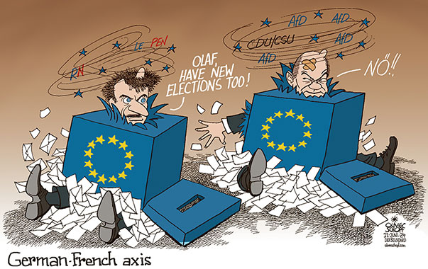 Oliver Schopf, editorial cartoons from Austria, cartoonist from Austria, Austrian illustrations, illustrator from Austria, editorial cartoon politics politician Europe, Cartoon Movement, CartoonArts International 2024:   
EU EUROPEAN UNION ELECTIONS FRANCE GERMANY MACRON SCHOLZ LOSER RN RASSEMBLEMENT NATIONAL LE PEN AFD REELECTIONS GERMAN FRENCH AXIS








































