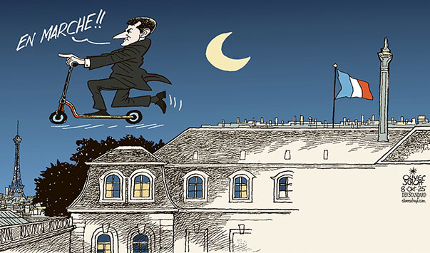 Oliver Schopf, editorial cartoons from Austria, cartoonist from Austria, Austrian illustrations, illustrator from Austria, editorial cartoon politics politician Europe, Cartoon Movement, @oliverschopf.bsky.social 2025: FRANCE EMANUEL MACRON GOVERNMENT LECORNU CRISIS POWER ELYSÉE PALACE ROOF SLEEPWALKER SCOOTER WITHDRAWAL RETIREMENT RESIGNATION 























