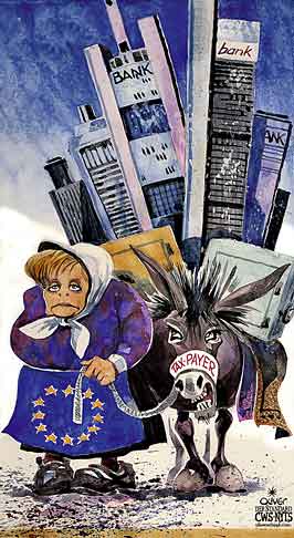 Oliver Schopf, editorial cartoons from Austria, cartoonist from Austria, Austrian illustrations, illustrator from Austria, editorial cartoon politics politician Europe 2011 eu merkel greece bank tax-payer donkey jackass bailout

