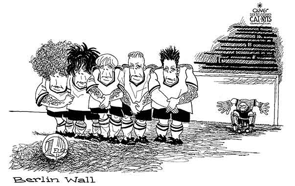 Oliver Schopf, editorial cartoons from Austria, cartoonist from Austria, Austrian illustrations, illustrator from Austria, editorial cartoon politics politician Europe, Cartoon Arts International, New York Times Syndicate, Cagle cartoon 2012 EU MERKEL SCHAEUBLE EURO CRISIS UEFA EURO 2012 SOCCER WALL FREE KICK HAIR TATTOO 


