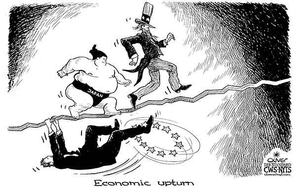 Oliver Schopf, editorial cartoons from Austria, cartoonist from Austria, Austrian illustrations, illustrator from Austria, editorial cartoon politics politician Europe 2010: oecd economy upturn growth japan usa uncle sam sumo

