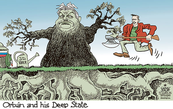 Oliver Schopf, editorial cartoons from Austria, cartoonist from Austria, Austrian illustrations, illustrator from Austria, editorial cartoon politics politician Europe, Cartoon Movement, @oliverschopf.bsky.social 2026: HUNGARY ELECTIONS VIKTOR ORBAN PETER MAGYAR DEEP STATE TREE ROOTS FELL CHOP DOWN AX RUSSIA JD VANCE WATERING CAN  























