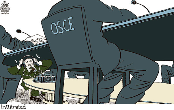 Oliver Schopf, editorial cartoons from Austria, cartoonist from Austria, Austrian illustrations, illustrator from Austria, editorial cartoon politics politician Europe, Cartoon Movement, CartoonArts International 2023: RUSSIA PUTIN OSCE VIENNA ORGANIZATION FOR SECURITY AND COOPERATION IN EUROPE INFILTRATION SPY BUG BUGGING MONITORING 





















