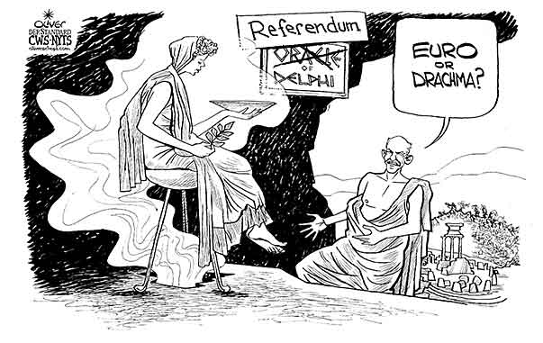 Oliver Schopf, editorial cartoons from Austria, cartoonist from Austria, Austrian illustrations, illustrator from Austria, editorial cartoon politics politician Europe 2011 GREECE PAPANDREOU REFERENDUM DELPHI ORACLE EURO DRACHMA DEBT CRISIS  
