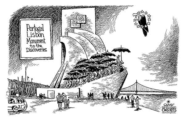 Oliver Schopf, editorial cartoons from Austria, cartoonist from Austria, Austrian illustrations, illustrator from Austria, editorial cartoon politics politician Europe 2011: Portugal Lisbon padrão dos descobrimentos monument to the discoveries bailout rescue umbrella

