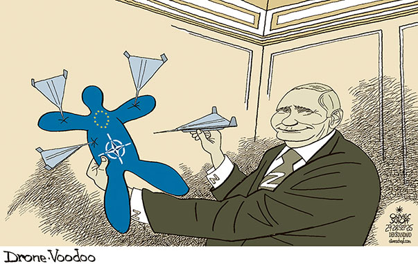 Oliver Schopf, editorial cartoons from Austria, cartoonist from Austria, Austrian illustrations, illustrator from Austria, editorial cartoon politics politician Europe, Cartoon Movement, @oliverschopf.bsky.social 2025: RUSSIA PUTIN DRONES EU NATO DENMARK ESTONIA POLAND DOLL VOODOO 























