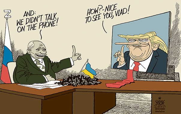 Oliver Schopf, editorial cartoons from Austria, cartoonist from Austria, Austrian illustrations, illustrator from Austria, editorial cartoon politics politician Europe, Cartoon Movement, 2024: UKRAINE WAR PUTIN TRUMP PHONE CALL TALK DIPLOMACY VIDEO CALL 












